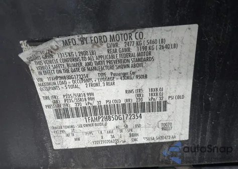 2013 Ford Taurus Sel from USA, damaged, VIN 1FAHP2H85DG172354